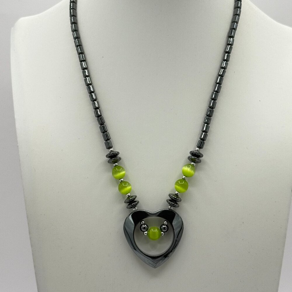 18" Hematite Beaded Necklace with Heart Pendant